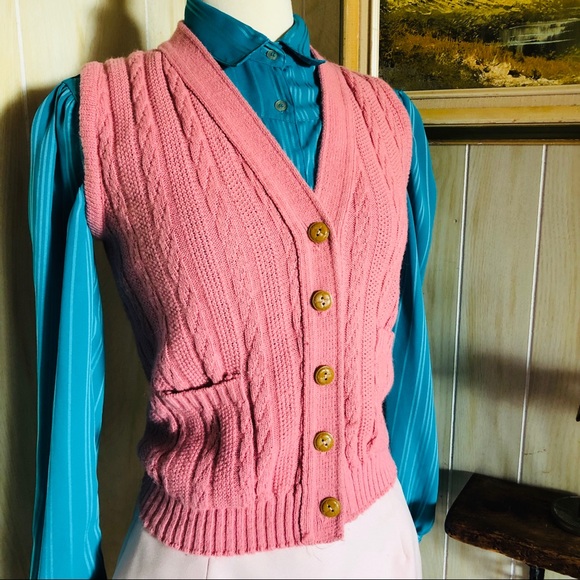Vintage Sweaters - 1960’s Dusty Rose Cable Knit Sweater Vest